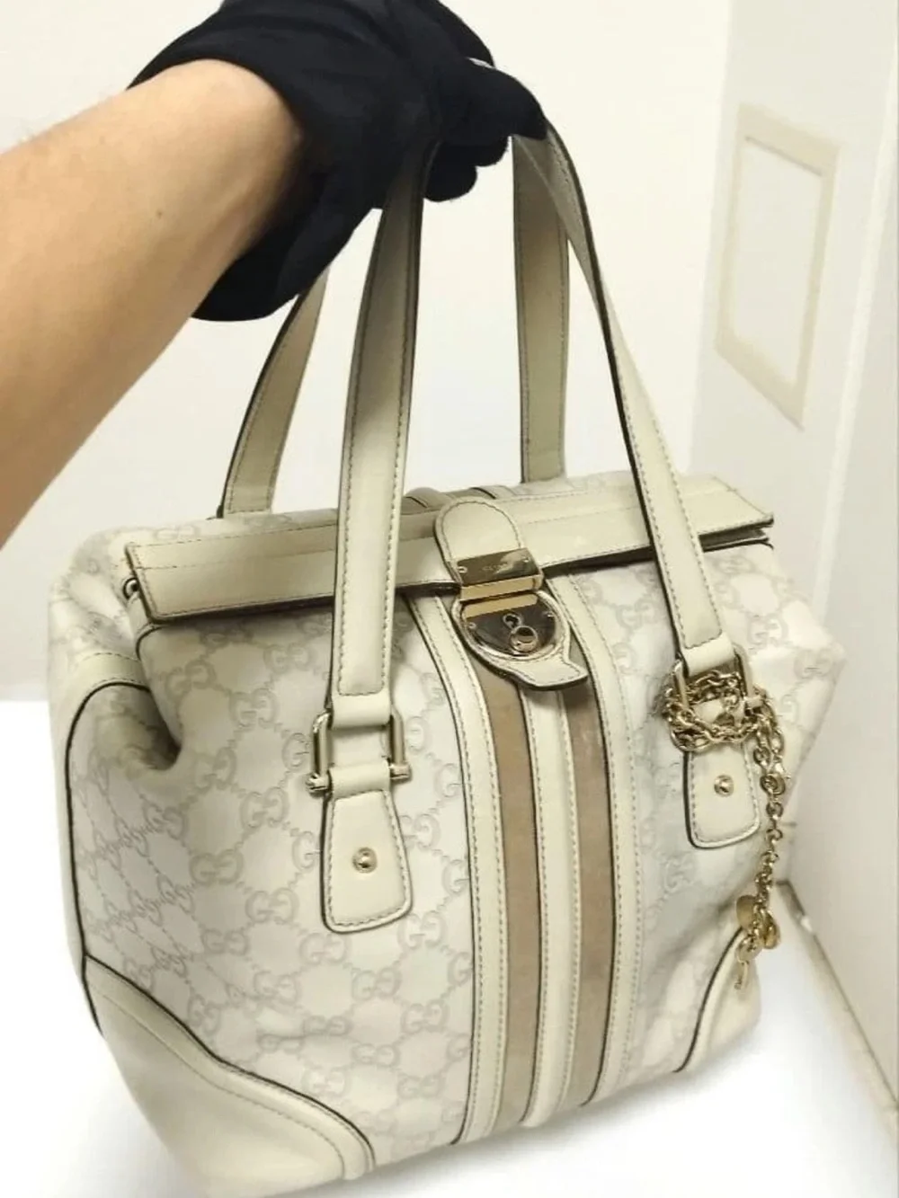 Gucci Cream and Beige Monogram Satchel with Gold Chain